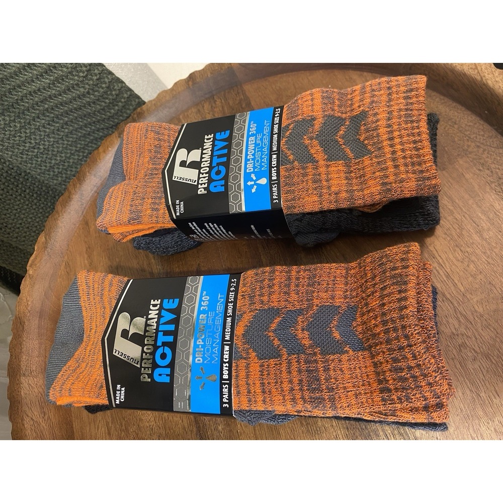 NWT Russell Performance Active Boys Tall Crew Socks, Size M- 9-2.5, 2 pack‎ of 3